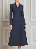 Navy Fall Fashion Double Breasted Peak Lapel A-Line Midi Coat Dress