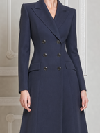 Navy Fall Fashion Double Breasted Peak Lapel A-Line Midi Coat Dress