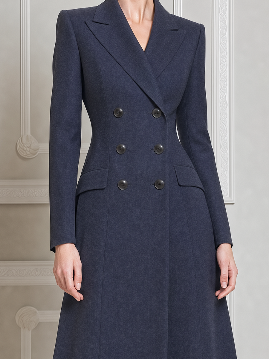Navy Fall Fashion Double Breasted Peak Lapel A-Line Midi Coat Dress