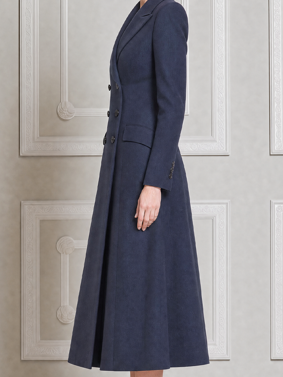 Navy Fall Fashion Double Breasted Peak Lapel A-Line Midi Coat Dress