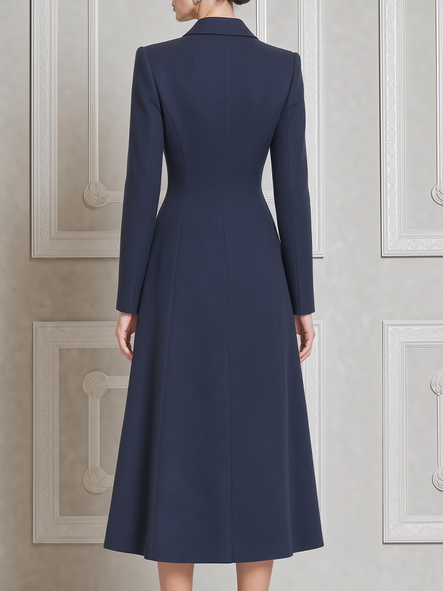 Navy Fall Fashion Double Breasted Peak Lapel A-Line Midi Coat Dress