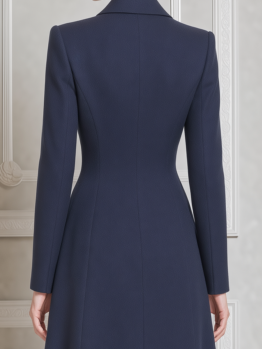Navy Fall Fashion Double Breasted Peak Lapel A-Line Midi Coat Dress