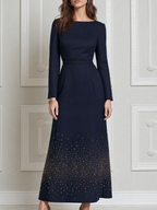 Navy Fall Wedding Guest Dress Boat Neck Embellished A-Line Maxi Dress