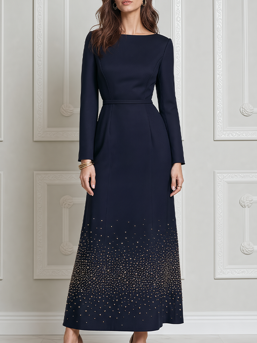 Navy Fall Wedding Guest Dress Boat Neck Embellished A-Line Maxi Dress