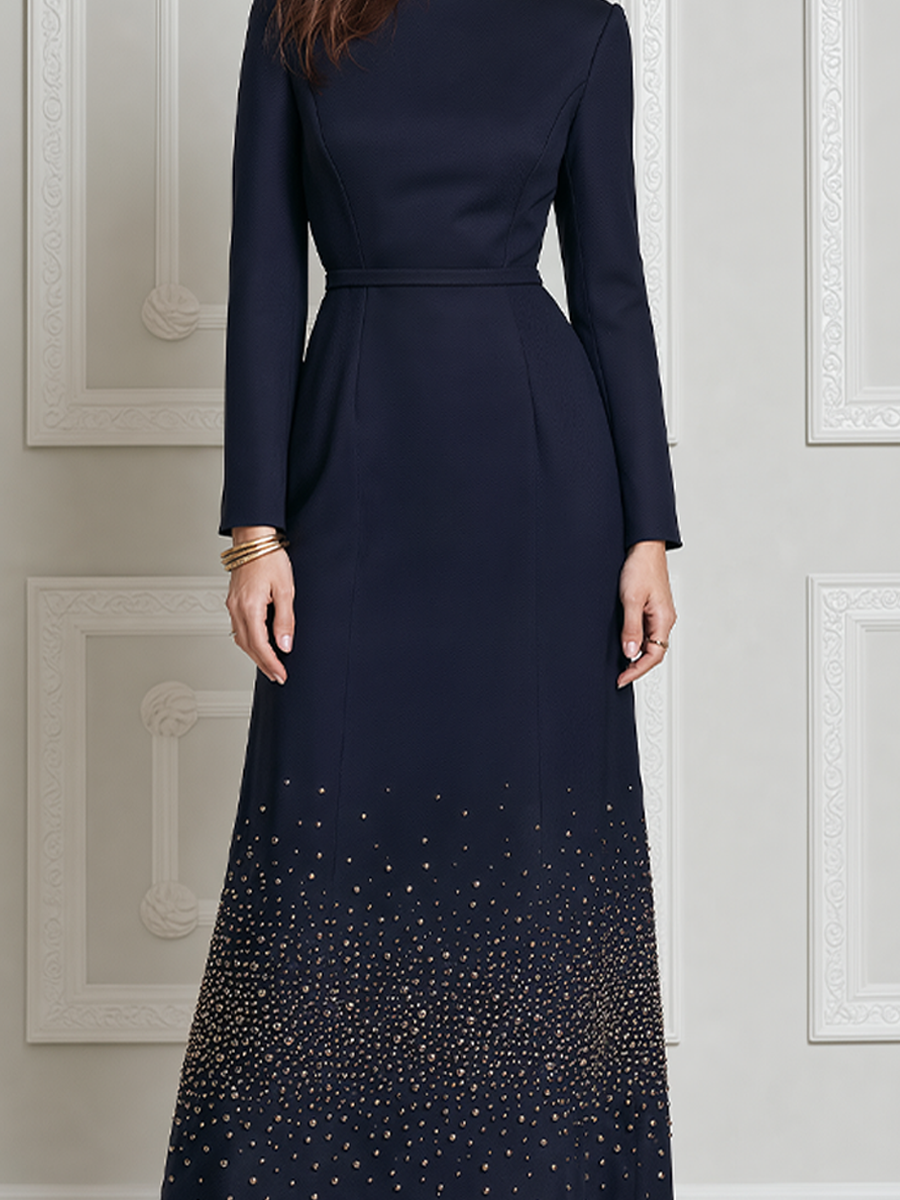 Navy Fall Wedding Guest Dress Boat Neck Embellished A-Line Maxi Dress