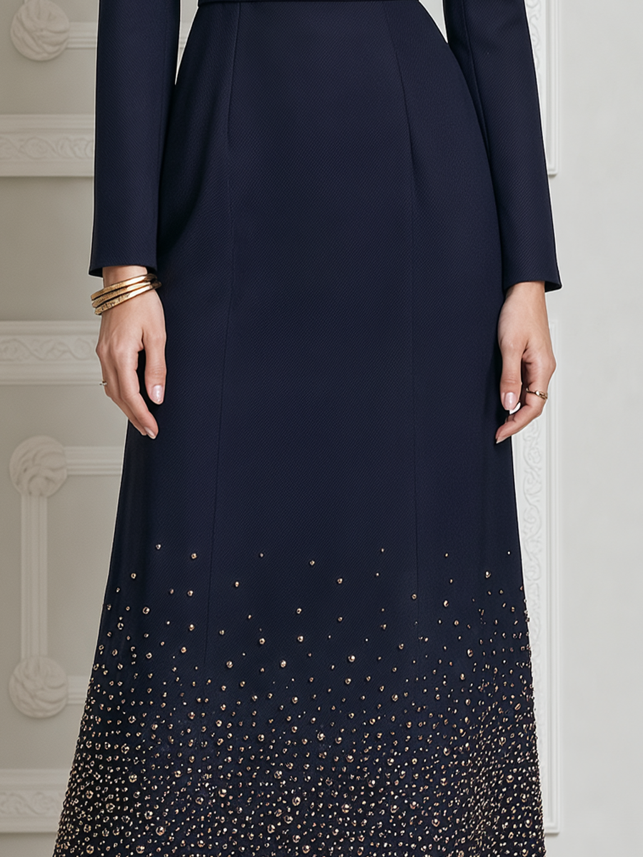 Navy Fall Wedding Guest Dress Boat Neck Embellished A-Line Maxi Dress