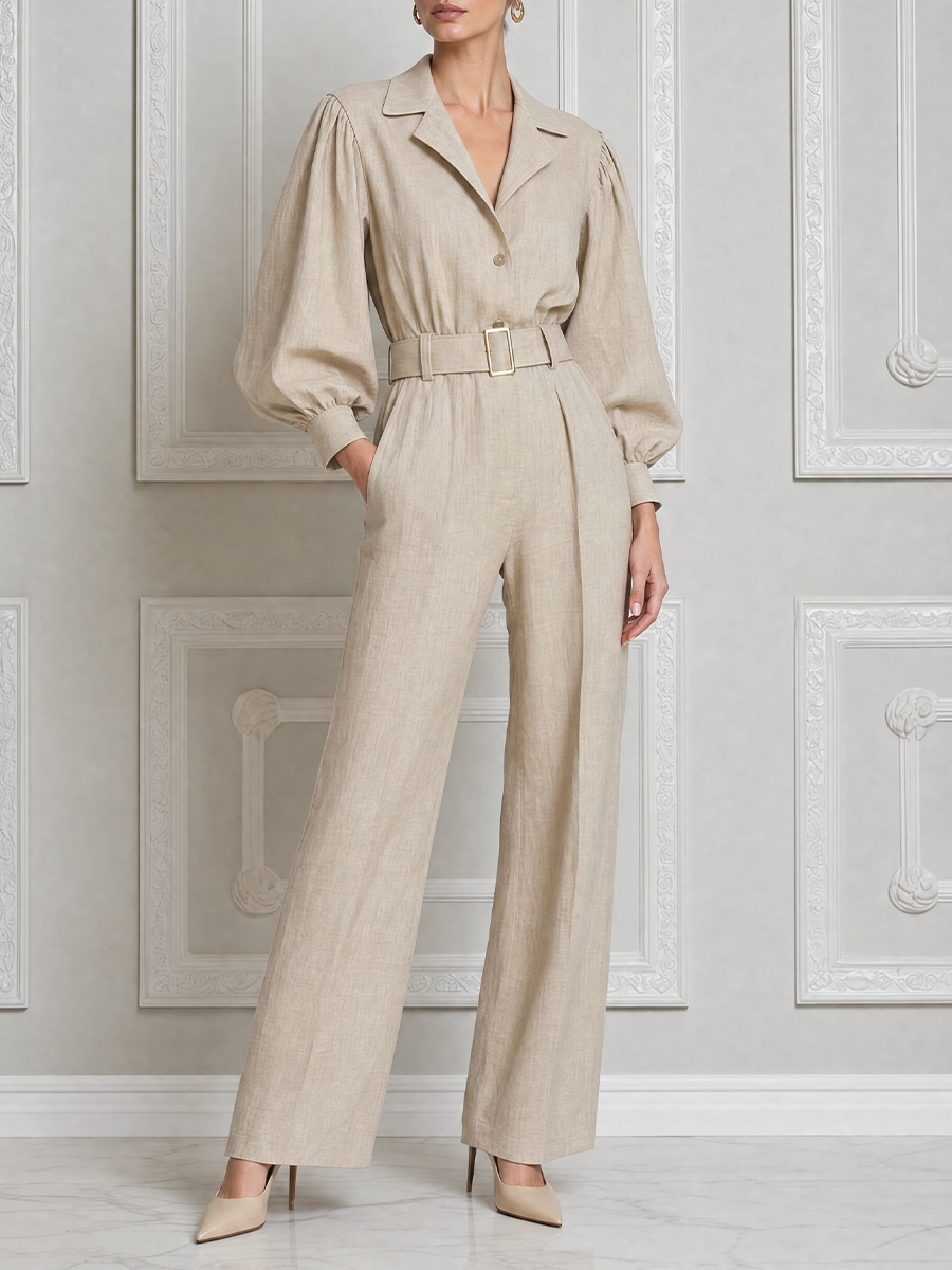 Beige Fall Fashion Belted Puff Sleeve Wide Leg Jumpsuit