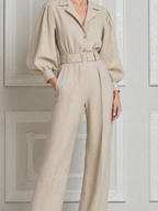 Beige Fall Fashion Belted Puff Sleeve Wide Leg Jumpsuit