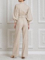Beige Fall Fashion Belted Puff Sleeve Wide Leg Jumpsuit