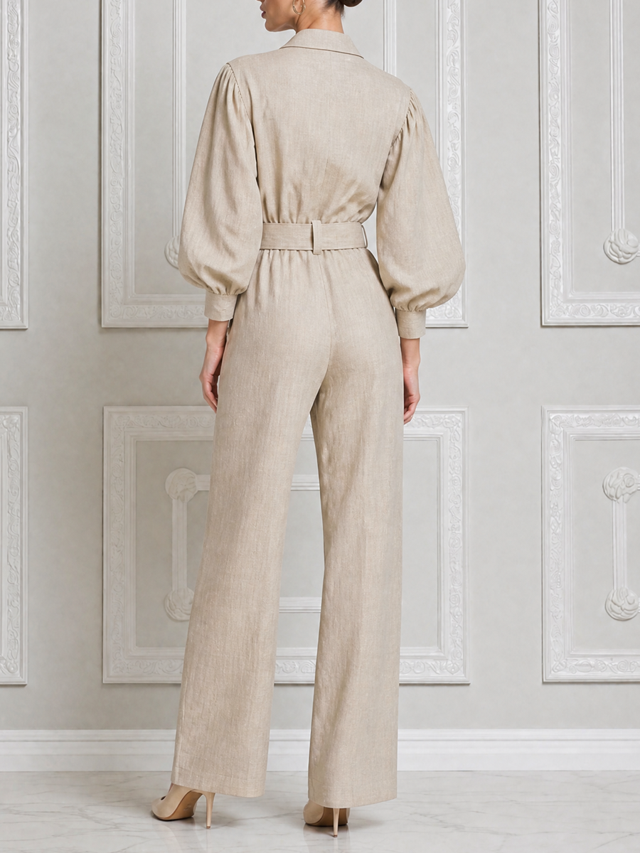 Beige Fall Fashion Belted Puff Sleeve Wide Leg Jumpsuit