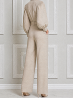 Beige Fall Fashion Belted Puff Sleeve Wide Leg Jumpsuit