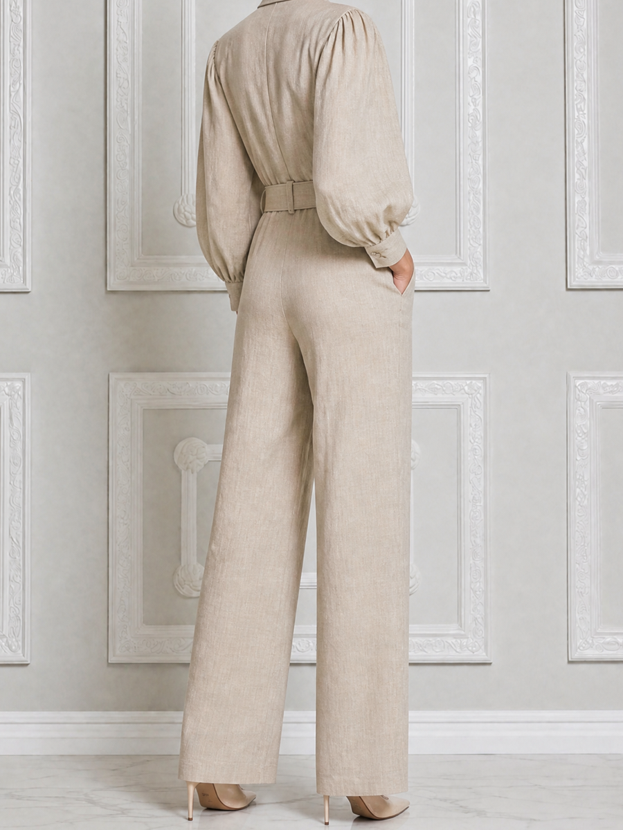 Beige Fall Fashion Belted Puff Sleeve Wide Leg Jumpsuit