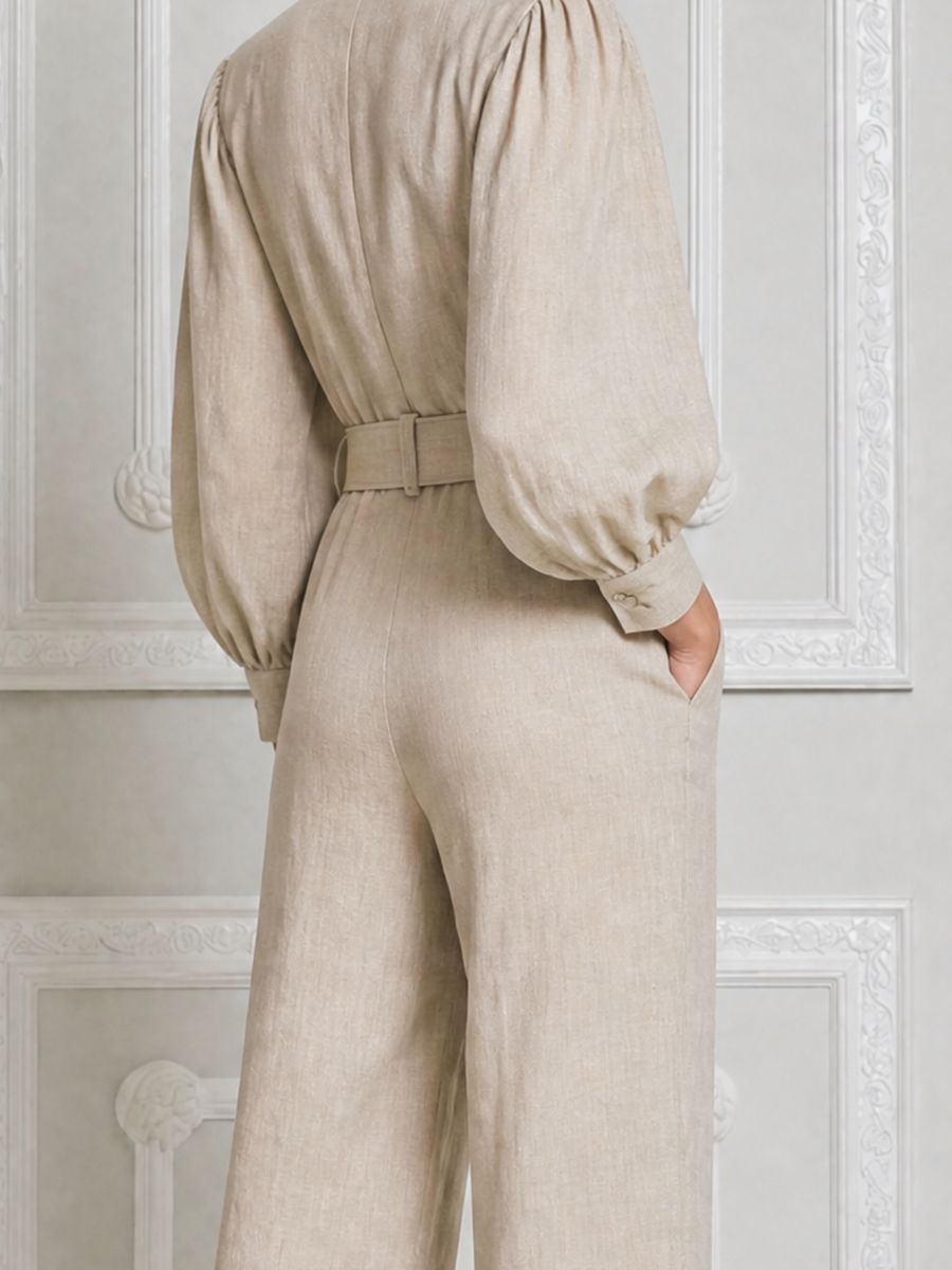 Beige Fall Fashion Belted Puff Sleeve Wide Leg Jumpsuit