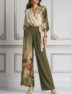 Olive Fall Fashion Floral Wrap Blouse & Wide Leg Pants Set