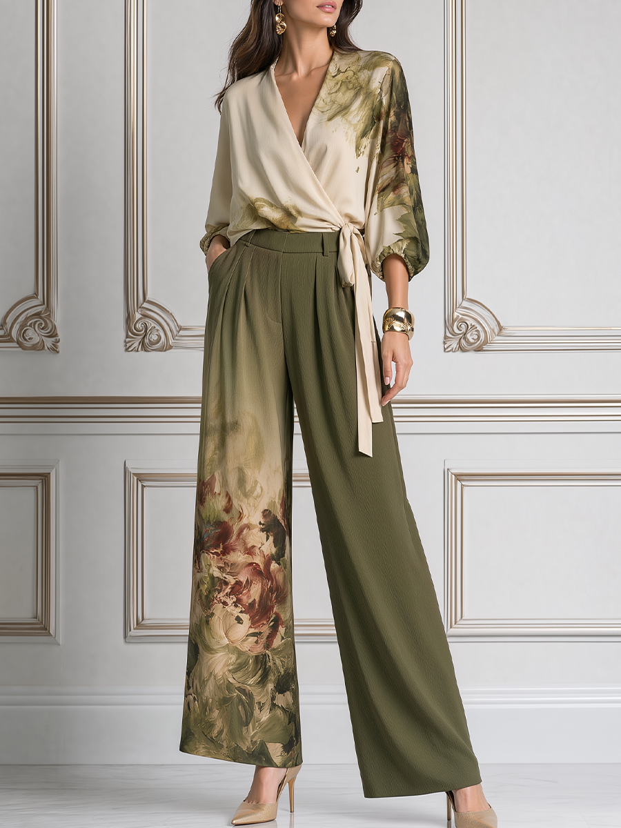 Olive Fall Fashion Floral Wrap Blouse & Wide Leg Pants Set