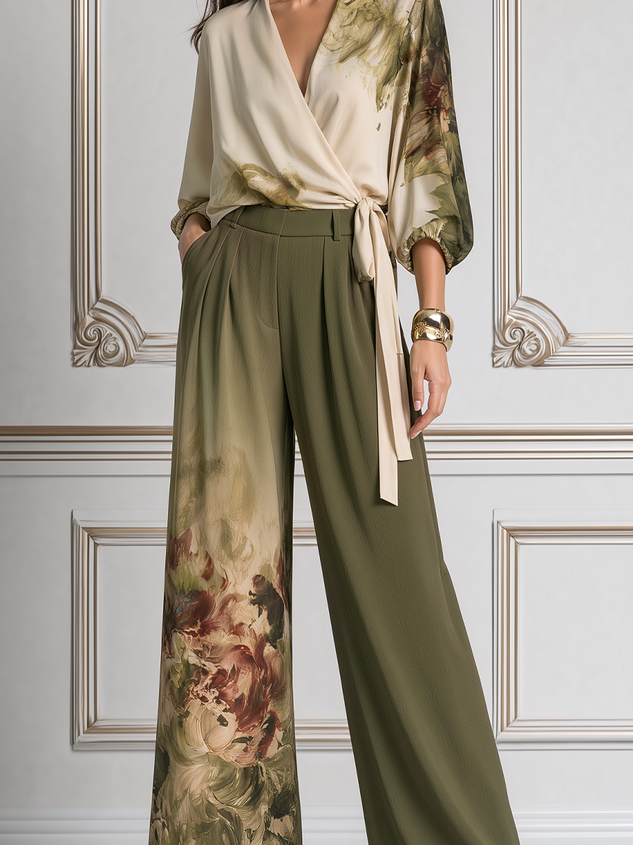Olive Fall Fashion Floral Wrap Blouse & Wide Leg Pants Set