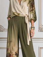 Olive Fall Fashion Floral Wrap Blouse & Wide Leg Pants Set