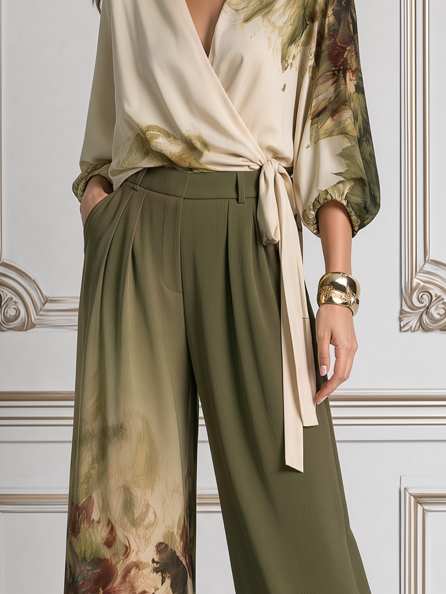 Olive Fall Fashion Floral Wrap Blouse & Wide Leg Pants Set