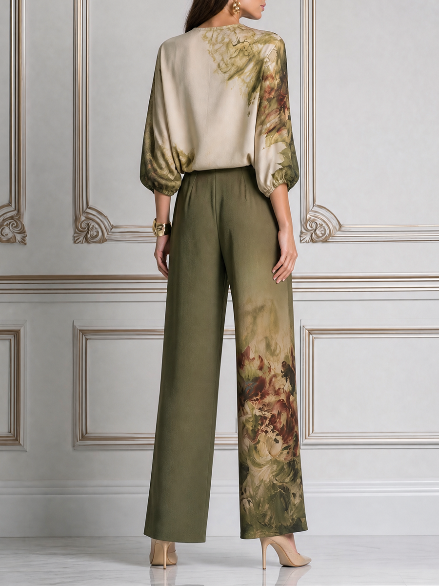 Olive Fall Fashion Floral Wrap Blouse & Wide Leg Pants Set