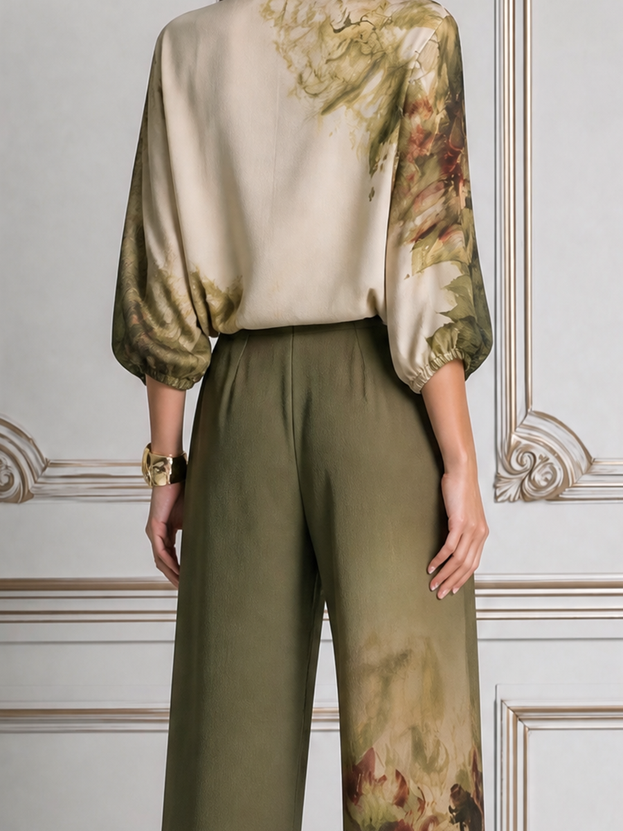Olive Fall Fashion Floral Wrap Blouse & Wide Leg Pants Set
