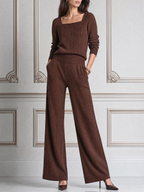 Brown Stockholm Style Square Neck Knit Top & Wide Leg Pants Set