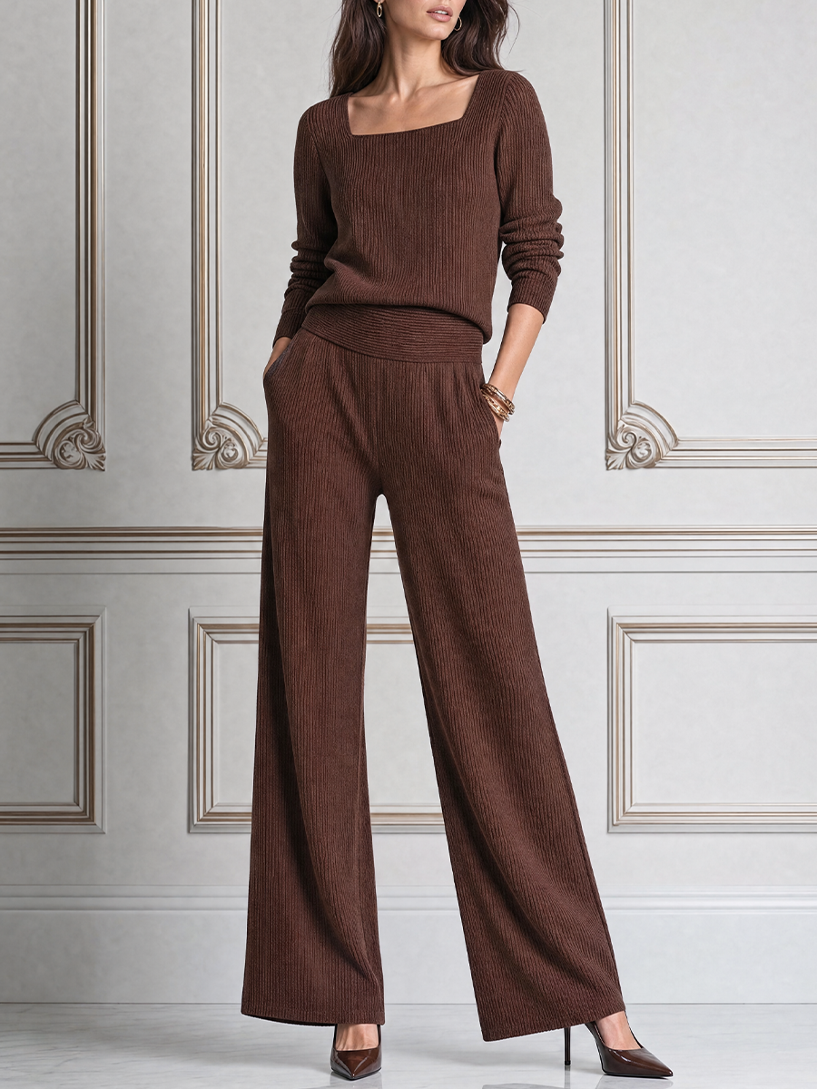 Brown Stockholm Style Square Neck Knit Top & Wide Leg Pants Set