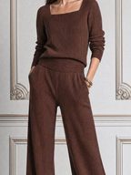 Brown Stockholm Style Square Neck Knit Top & Wide Leg Pants Set