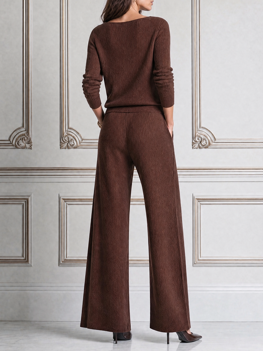 Brown Stockholm Style Square Neck Knit Top & Wide Leg Pants Set