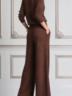 Brown Stockholm Style Square Neck Knit Top & Wide Leg Pants Set