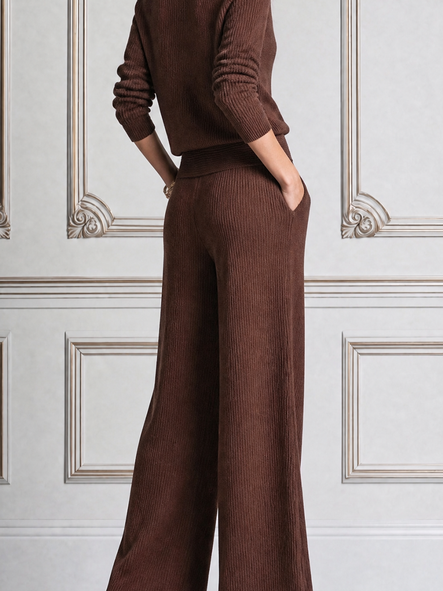 Brown Stockholm Style Square Neck Knit Top & Wide Leg Pants Set