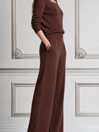 Brown Stockholm Style Square Neck Knit Top & Wide Leg Pants Set