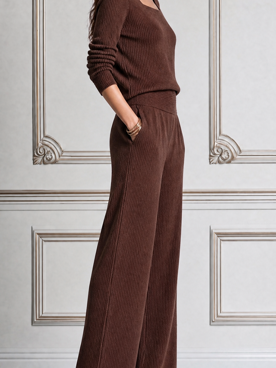Brown Stockholm Style Square Neck Knit Top & Wide Leg Pants Set