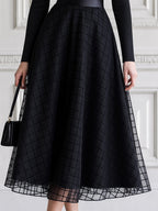 Elegant Mock Neck Mesh Grid Tulle Overlay Midi Dress