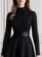 Elegant Mock Neck Mesh Grid Tulle Overlay Midi Dress