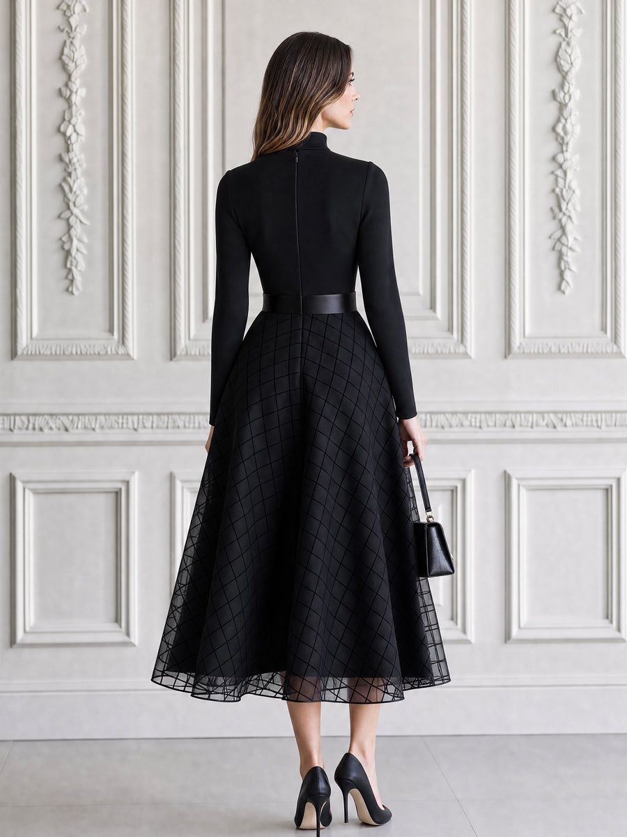 Elegant Mock Neck Mesh Grid Tulle Overlay Midi Dress