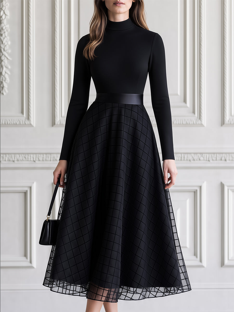 Elegant Mock Neck Mesh Grid Tulle Overlay Midi Dress