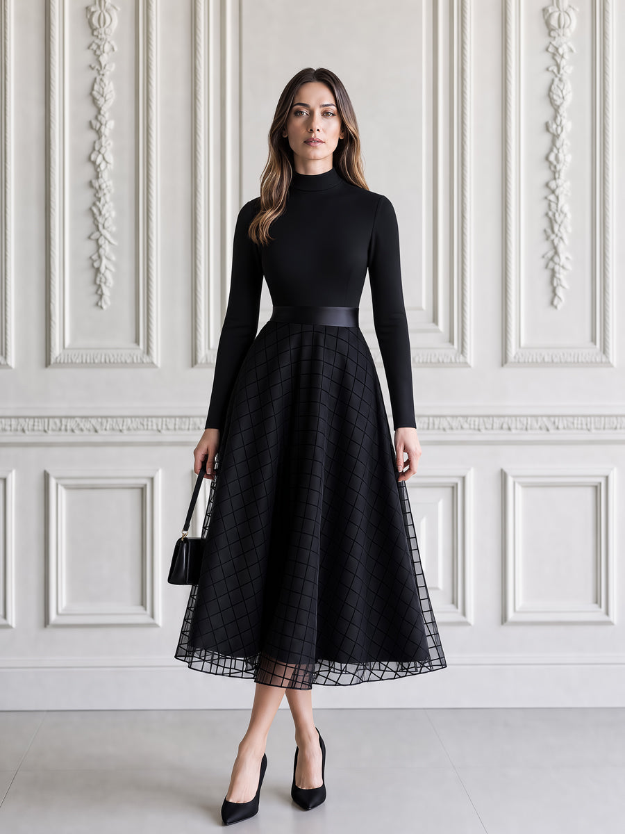 Elegant Mock Neck Mesh Grid Tulle Overlay Midi Dress