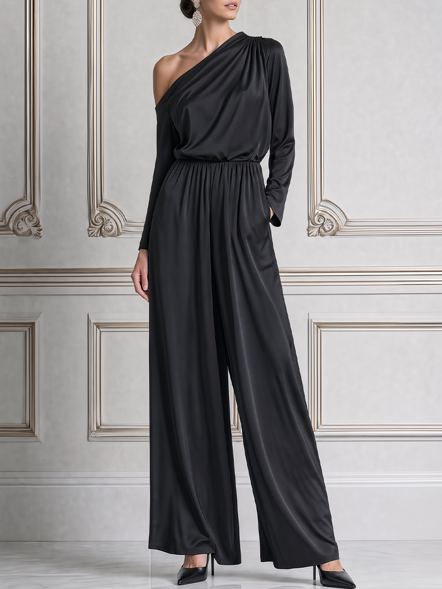 Black Fall Fashion One Shoulder Draped Wide Leg Jumpsuit