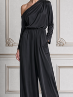 Black Fall Fashion One Shoulder Draped Wide Leg Jumpsuit