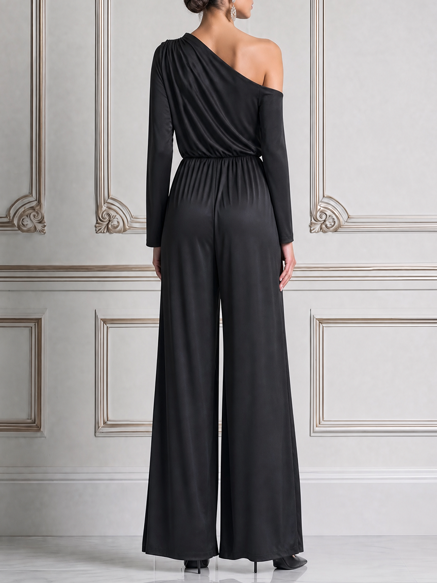 Black Fall Fashion One Shoulder Draped Wide Leg Jumpsuit