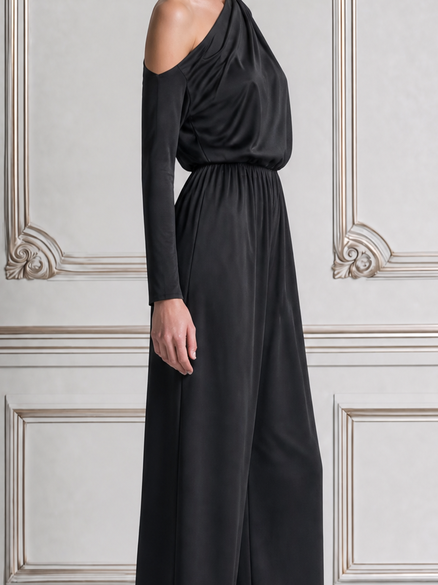 Black Fall Fashion One Shoulder Draped Wide Leg Jumpsuit