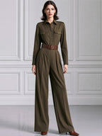 Olive Green Utility Belted Long Sleeve Wide-Leg Jumpsuit