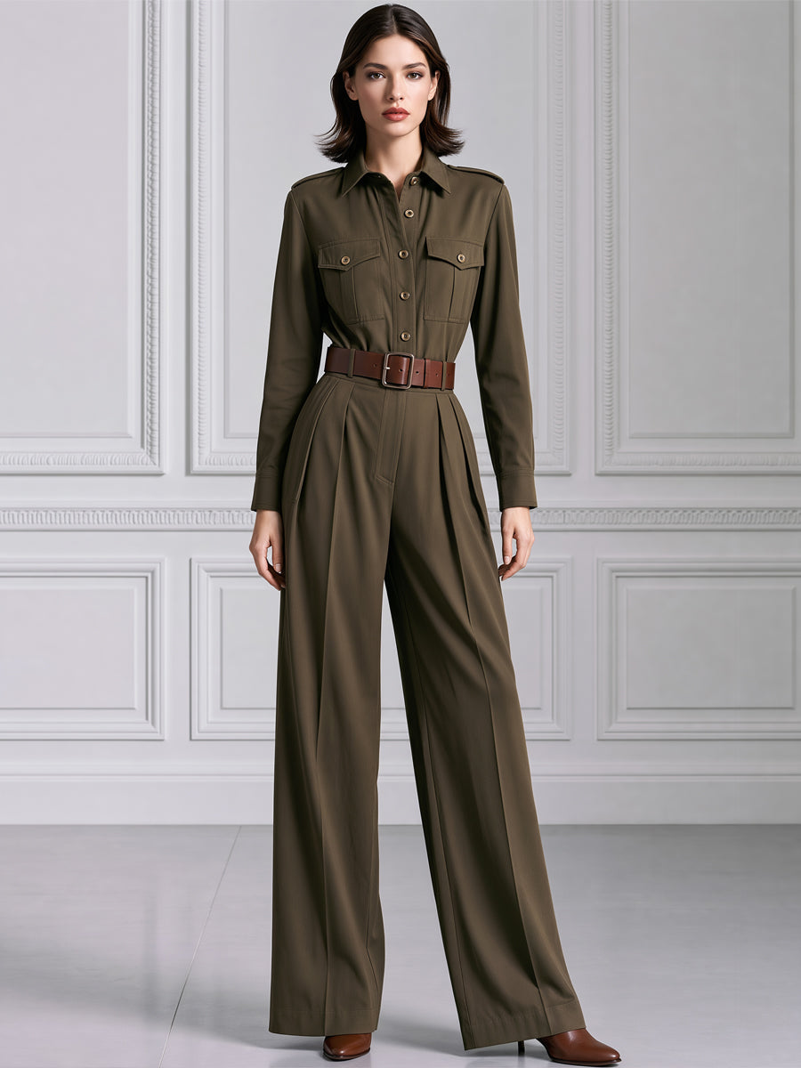 Olive Green Utility Belted Long Sleeve Wide-Leg Jumpsuit