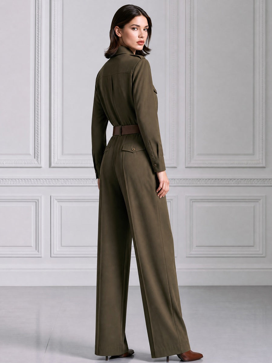 Olive Green Utility Belted Long Sleeve Wide-Leg Jumpsuit