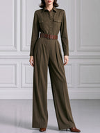 Olive Green Utility Belted Long Sleeve Wide-Leg Jumpsuit