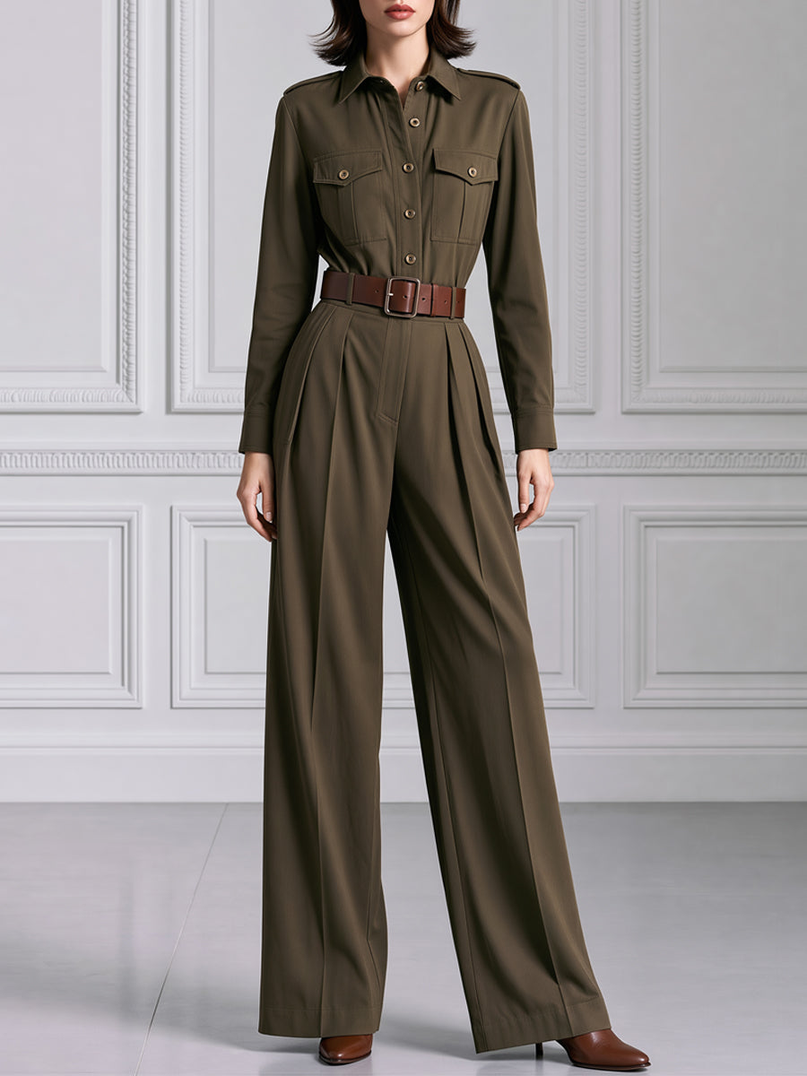 Olive Green Utility Belted Long Sleeve Wide-Leg Jumpsuit