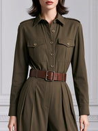 Olive Green Utility Belted Long Sleeve Wide-Leg Jumpsuit
