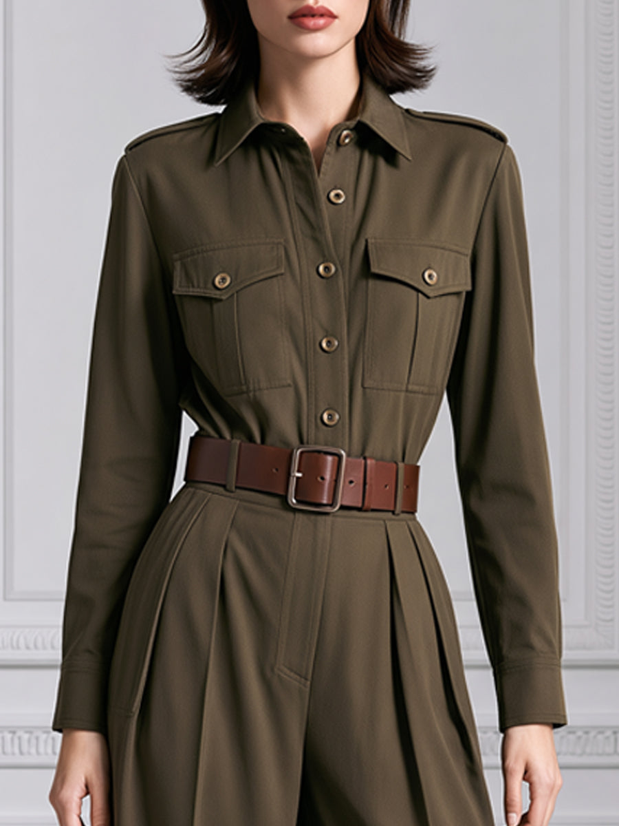 Olive Green Utility Belted Long Sleeve Wide-Leg Jumpsuit