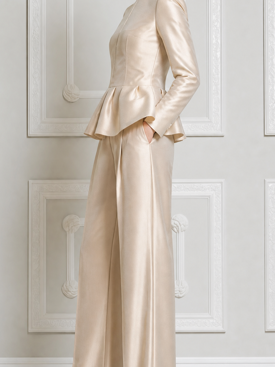 Champagne Fall Fashion Peplum Top & Wide Leg Pants Suit Set