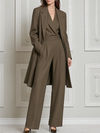 Olive Fall Fashion Longline Coat & Sleeveless Wide Leg Jumpsuit Set